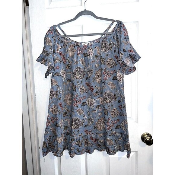 EASEL Cotton Blend Off Shoulder Ruffle Sleeve Bottom Hem Tunic Top Sz L - Picture 1 of 10